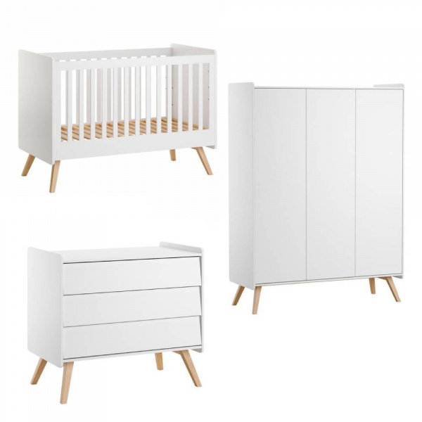 Chambre trio lit bébé évolutif 70 x 140 cm + commode 3 tiroirs + armoire 3 portes vintage blanc Vox