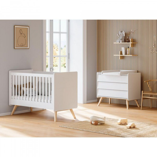 Chambre duo lit bébé 60 x 120 cm + commode vintage blanc Vox