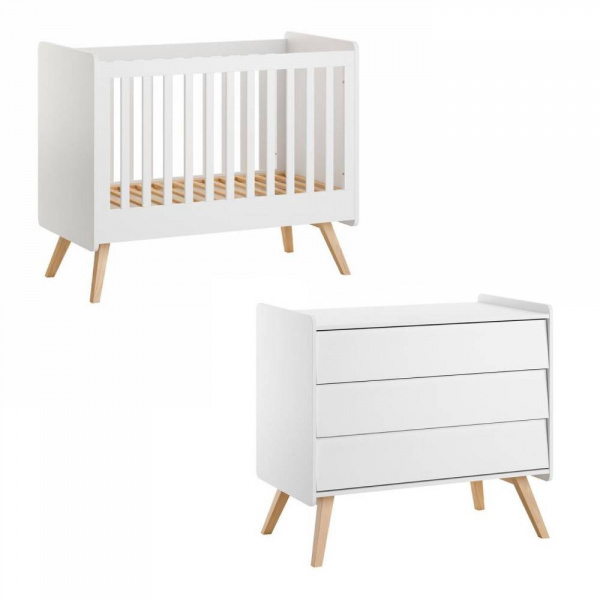 Chambre duo lit bébé 60 x 120 cm + commode vintage blanc Vox