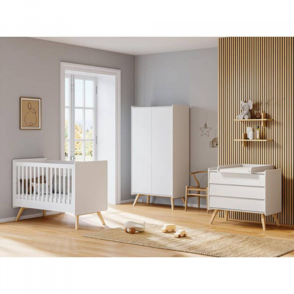 Chambre trio lit bébé 60 x 120 cm + commode 3 tiroirs + armoires 2 portes vintage blanc Vox