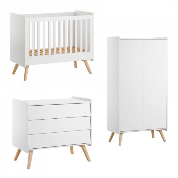 Chambre trio lit bébé 60 x 120 cm + commode 3 tiroirs + armoires 2 portes vintage blanc Vox